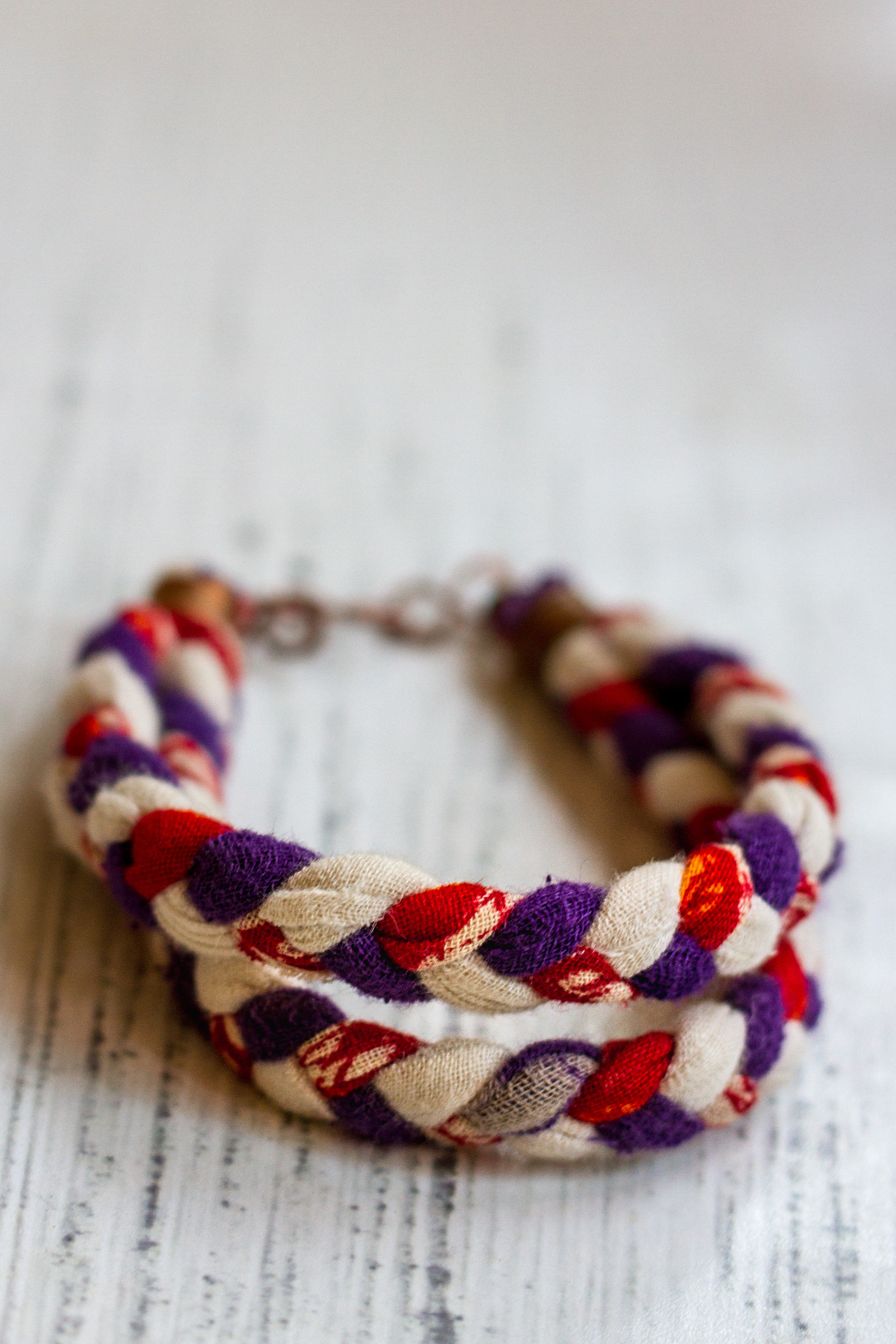 Vintage sari strips are woven together, meaning each bracelet has it’s own unique combination of colours and patterning.